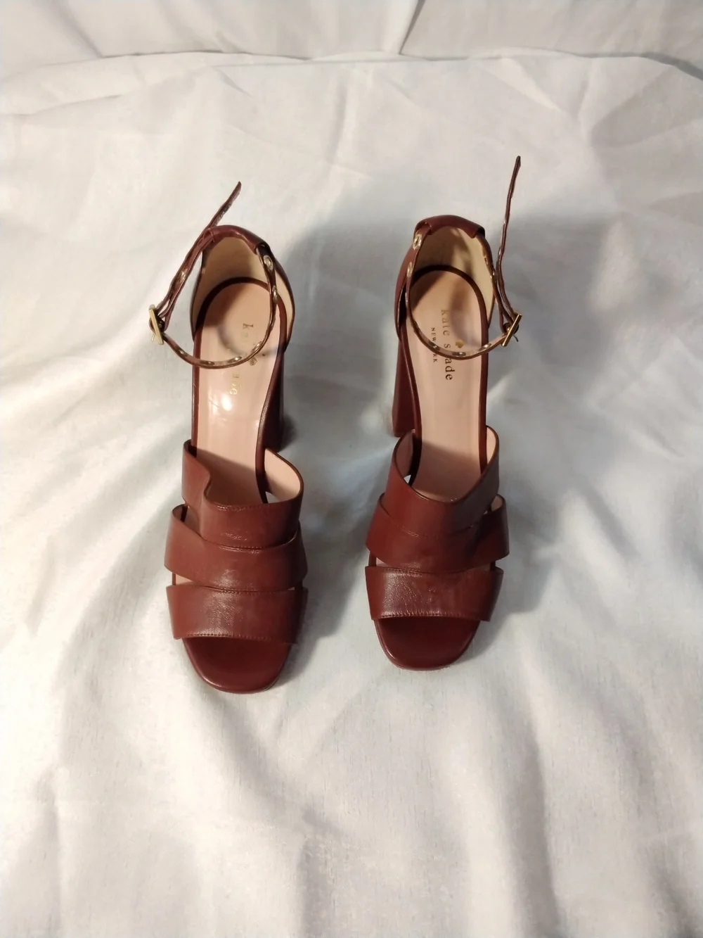 kate spade Brown Leather High Block Heel Sandals with Studded Ankle Strap